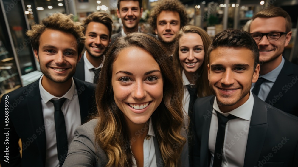 Office colleagues taking a celebratory selfie in a modern workspace. Office colleagues taking a celebratory selfie in a modern workspace.