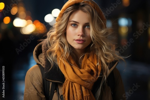 Young woman portrait on shoulder standing on city street in evening. In background there are city lights.