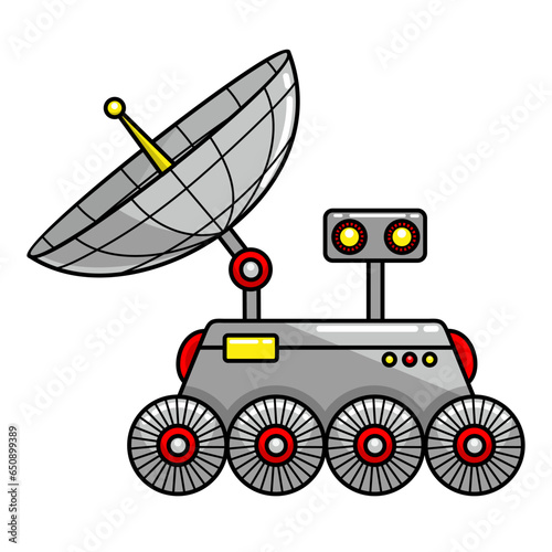 Cartoon space lunar rover. Isolated vector colorful illustration of lunokhod on white background. Cosmic planet research apparatus. Colored clipart on a cosmos theme.