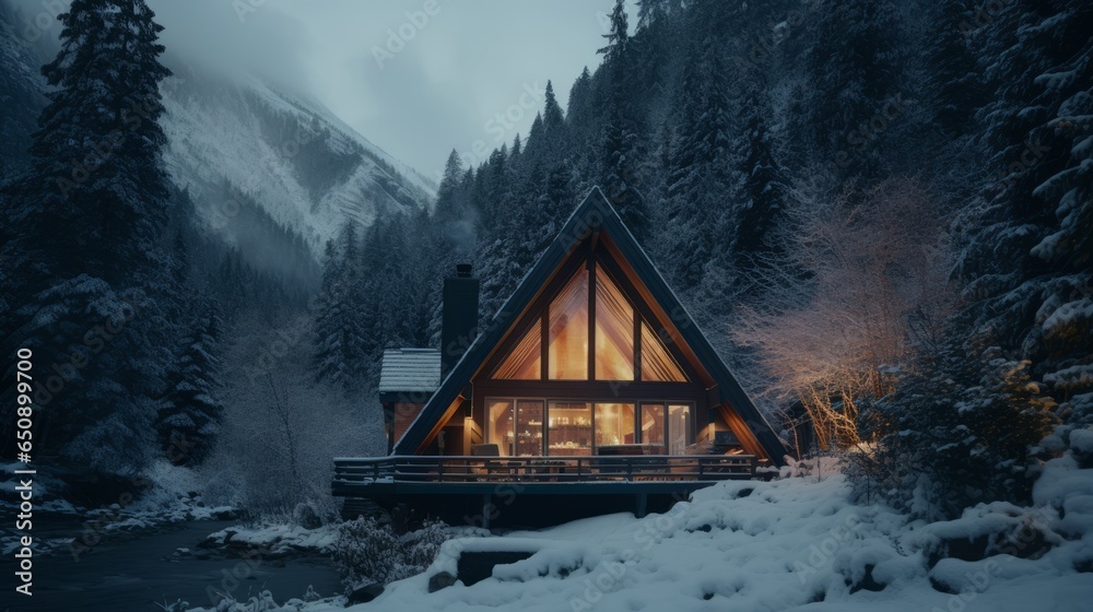 A cozy cabin nestled in a winter wonderland forest - obrazy, fototapety, plakaty 