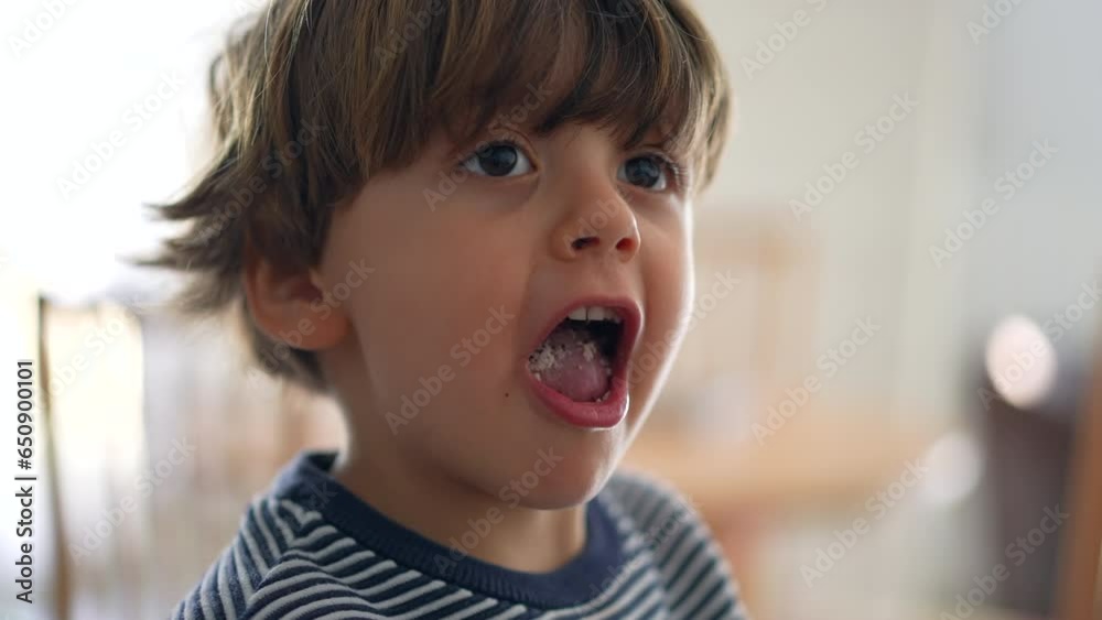 Child chewing food with open wide mouth, close-up face of little boy eating chewy food, mastication concept in deep concentration