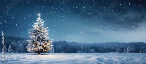 Tableau sur toile The snow covered Christmas tree contrasts with the dark blue backdrop
