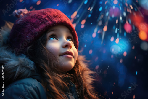 Child's face filled with wonder while observing colorful fireworks on New Year's Eve. Generative Ai.