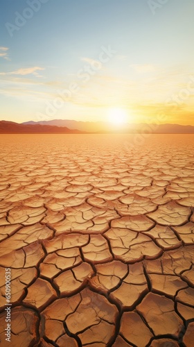 The sun is setting over a cracked desert