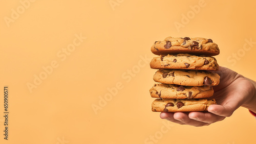Hand holding chocolate chip cookies isolated on orange background, copyspace for text, American cookie