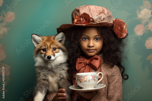Little girl with her pet fox. Kids, animals, fairytale, room decoration. AI generative, illustration