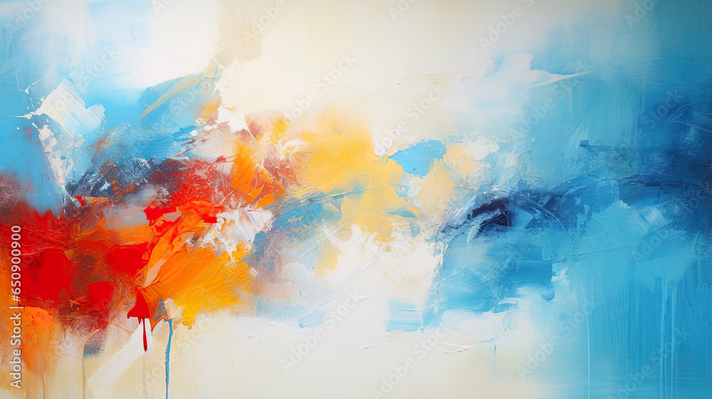 Abstract painting artwork with blue, red, orange and yellow colors, background design . 