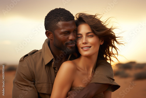 Portrait of an interracial loving couple. The girl is white and the boy is black. They look at the camera and smile