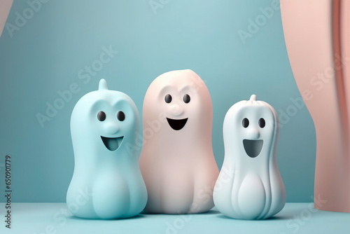 Funny cute happy friendly smile halloween spooky ghost figures on pastel background. minimalism.