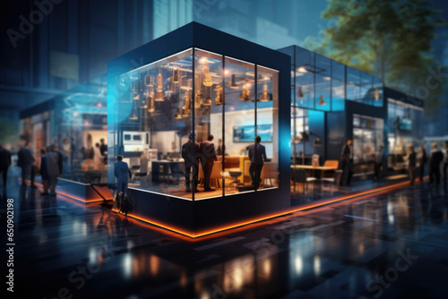 A concept of a virtual trade show  where businesses exhibit their products and services in a digital environment. Generative Ai.