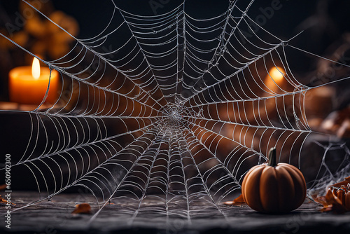 spider web with dew drops with halloween pumpkins in the back