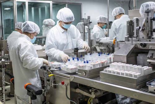 A production line for medications in a large factory.