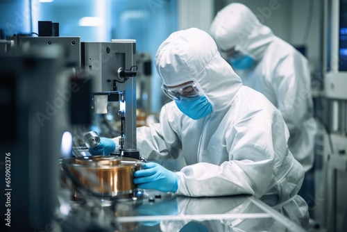 A scientist works in a clean room wearing a full body suit.