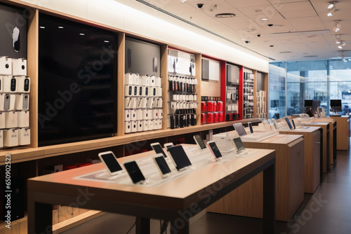 A modern smartphone shop with many different new phones. photo