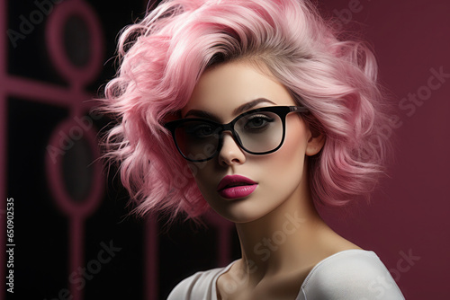 young woman with pink hair. stylish girl with a fashionable hairstyle and sunglasses.