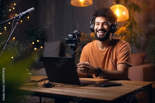positive modern content creator indian man on a computer photo
