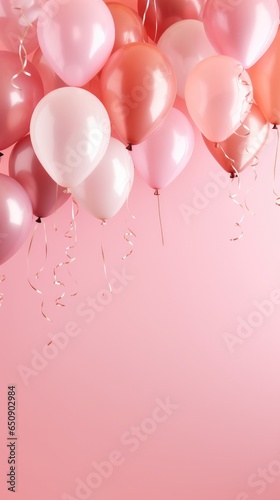 vertical balloons and confetti on a pink background with copy space. blank. banner
