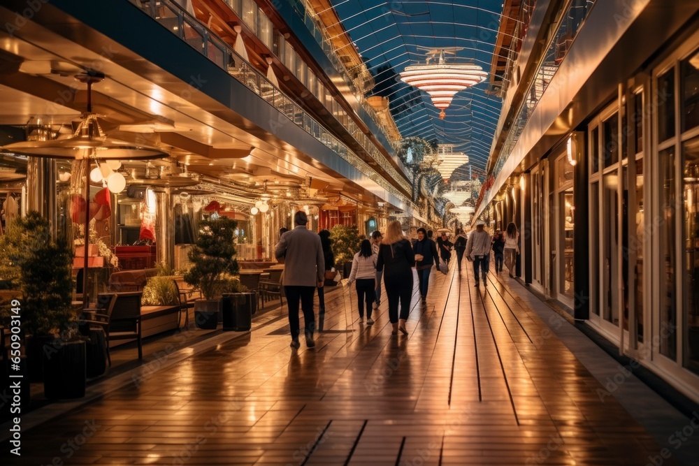 The bustling promenade of a cruise ship, lined with shops and cafes, illuminated by the warm glow of evening lights