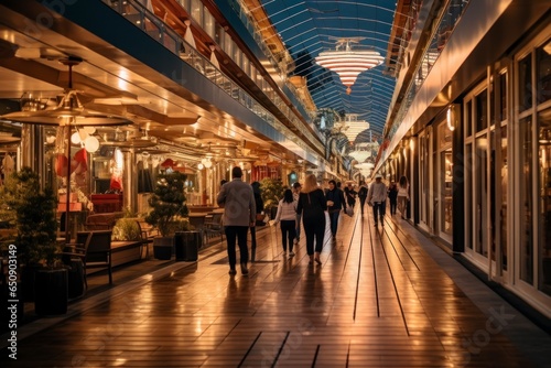 The bustling promenade of a cruise ship, lined with shops and cafes, illuminated by the warm glow of evening lights