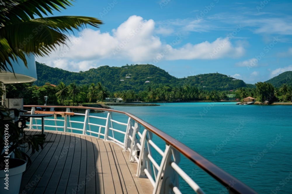 The serene and picturesque view of a tropical island from the deck of a cruise ship, with palm trees and white sandy beaches