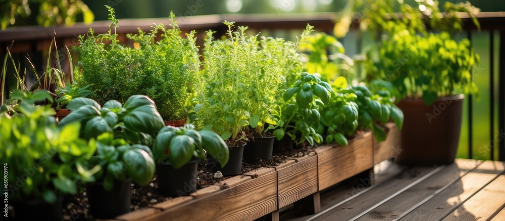 Herbs and plants thrive on wooden balcony representing small veggie garden - obrazy, fototapety, plakaty 