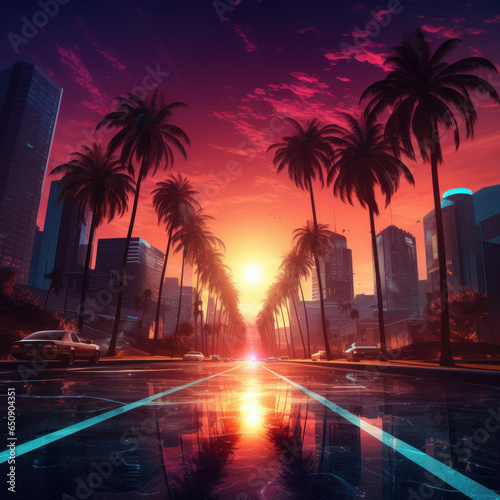 beautiful view of a sunset with palm trees and retro neon cars, 80's style in high resolution and high sharpness HD