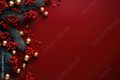 Red Christmas background with fir branches, golden toys and decorations .