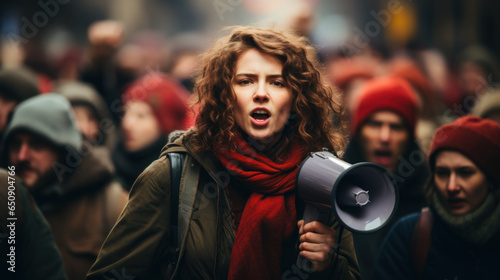 Woman activist with megaphone voices demands of striking people © Neuroshock