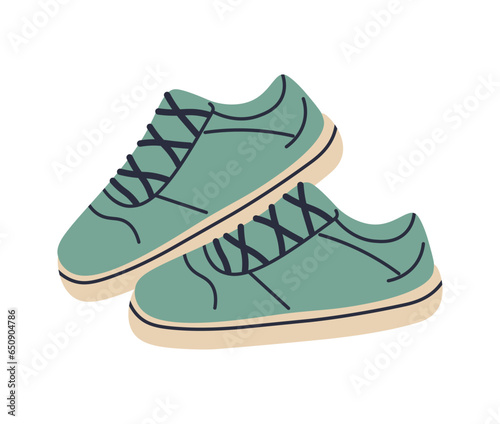 Modern green sneakers. Shoes for jogging and sports. Sports shoes with laced. Unisex casual shoes. Men's or women's footwear on white background. Flat vector illustration.