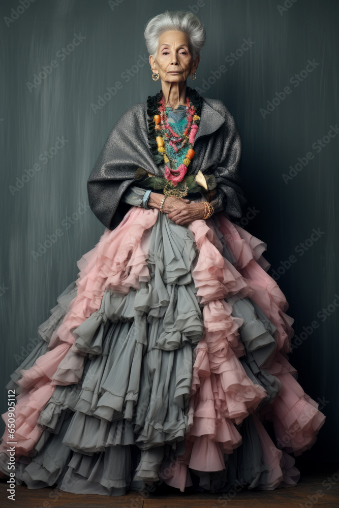 Portrait of an older lady in beautiful modern dress. Aging and fashion, feel young and modern concept. AI generative, illustration