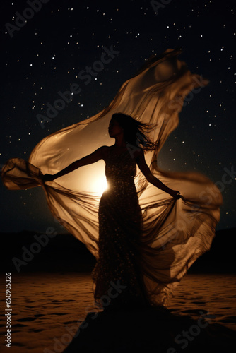 woman elegantly dancing in flowing long dress under midnight moon light sky with stars dark blue long hair magical fantasy setting  in magazine editorial textured film look 