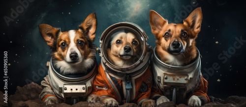 Obraz na płótnie Concept of dogs wearing space suit and drawing on blackboard during first trip t