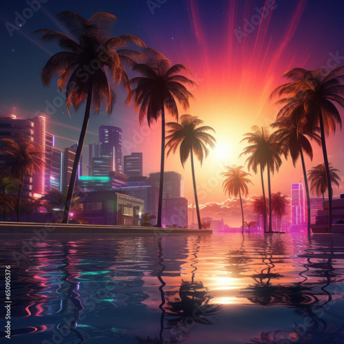 beautiful retro neon city with large palm trees and a road with neon cars in high resolution and sharpness 4k © Marco
