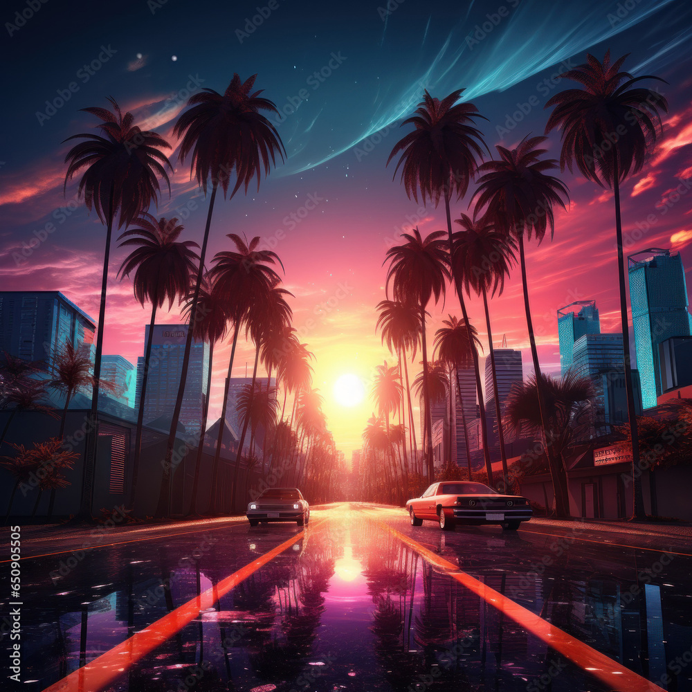 beautiful neon retro city with big palm trees and a road with neon cars
