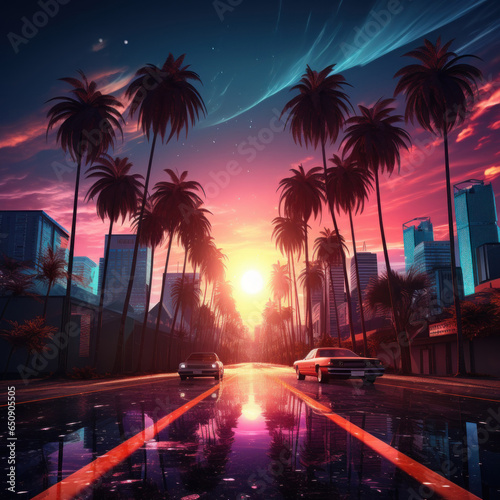 beautiful neon retro city with big palm trees and a road with neon cars © Marco