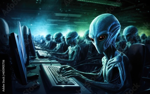 alien hacker at a laptop cracking a digital code. cyber attacks. hacking digital infrastructure.