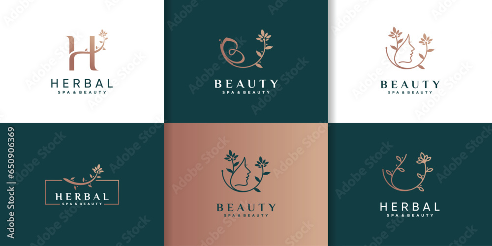 Beauty and herbal logo collection with creative concept Premium Vector
