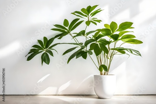 plant in the room  A large plant in a white pot with a green leafy plant in front of a white wall. 