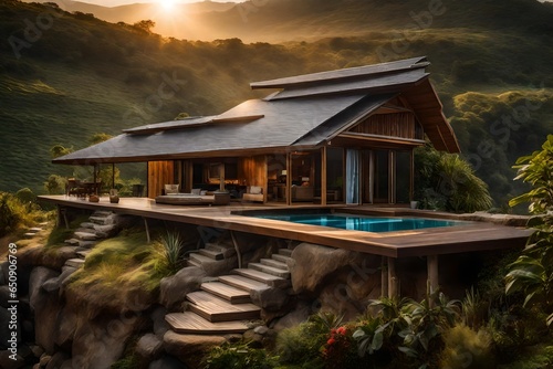 super realistic small hut house with solar panels installed near a beautiful waterfall on top of a hill © SardarMuhammad