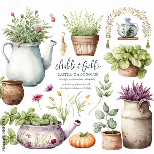 a cute boho farmhouse pottery collection on white background with margins watercolor vegetable garden 