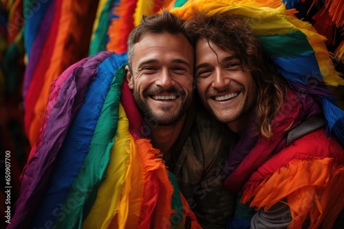 Closeup photo of two gay lovers parading in pride