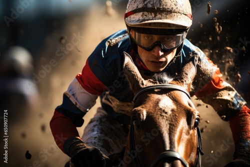 A jockey riding a horse in a horse racing 