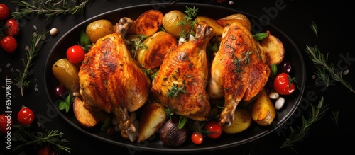 Top view of a festive dinner with roasted chicken and various vegetable dishes for Christmas or New Year