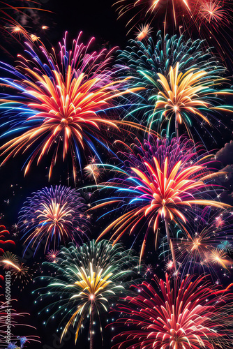 Beautiful multicolored fireworks, sparks, explosions.