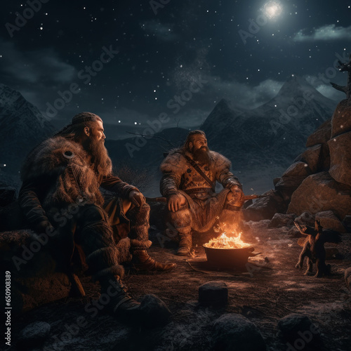 Vászonkép Vikings sitting in front of a bonfire at night in their village in high resoluti