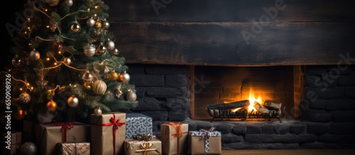 Concept of winter holidays with Christmas presents on wooden table decorated fir tree and fireplace photo