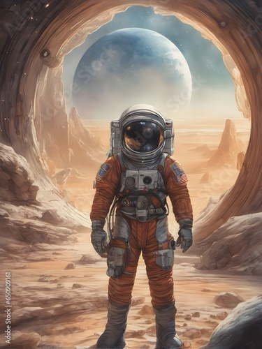 astronaut on an alien planet in front of the light of a sci-fi space-time portal. An astronaut on an unknown planet. generative AI