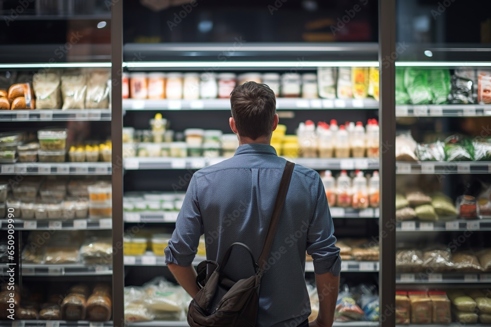 man shopping in the supermarket and looking slowly