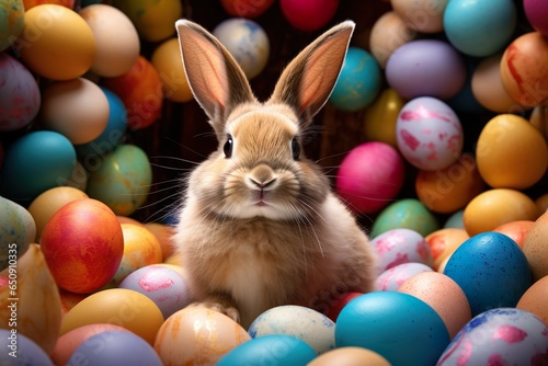 Happy Easter bunny with many colorful easter eggs   Generative AI