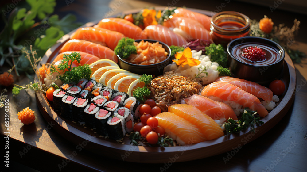 Sushi, a typical Japanese dish based on rice, filled with fish, seaweed, nori, eggs, etc Sushi, a typical Japanese dish based on rice, filled with fish, seaweed, nori, eggs, etc